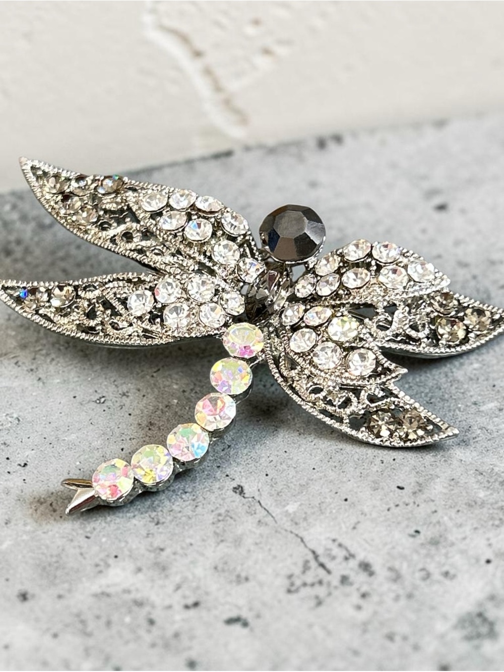 Rhinestone Dragonfly Brooch Pin - Silver Sparkle
